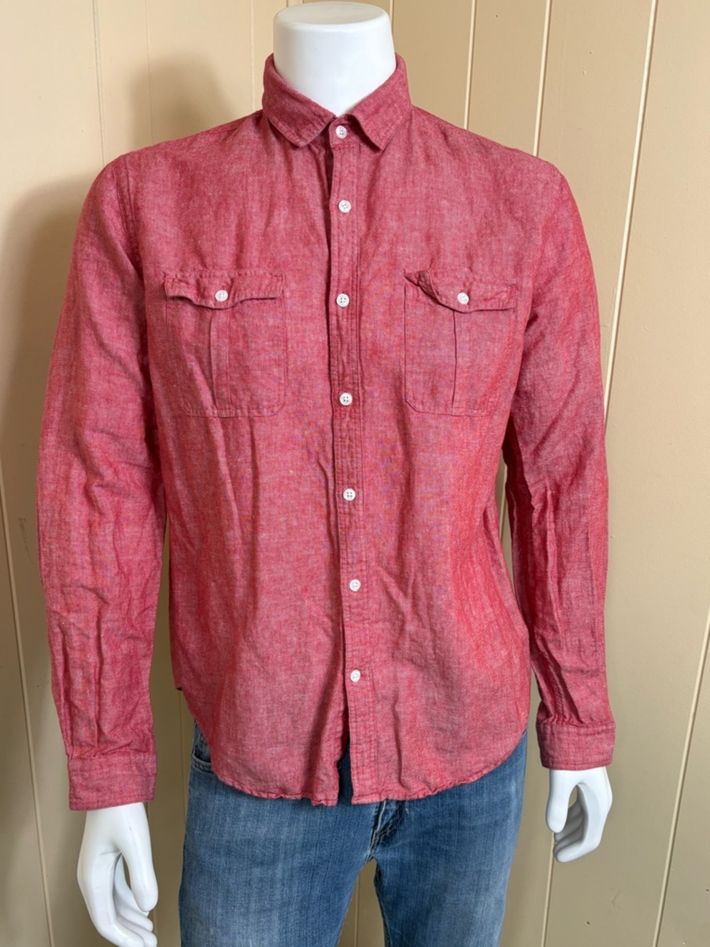 Express Mens Linen Blend Long Sleeve Button Front shirt Red Heathered Size Large